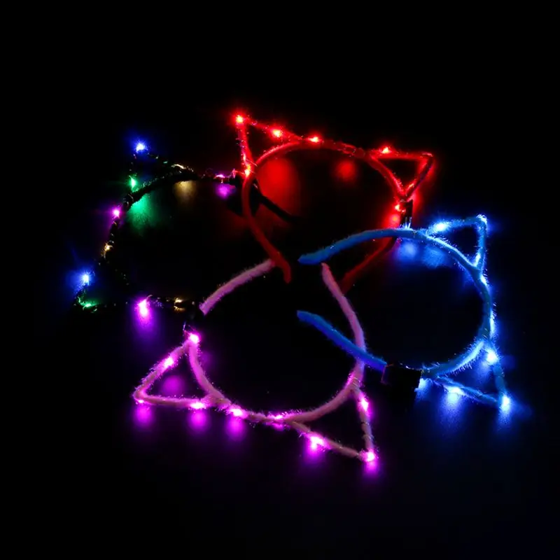 1Pc Women Girls LED Flashing Cute Pointed Cat Ears Hair Hoop Glowing String Lights Plush Cloth Wrapped Headband Party Supplies |