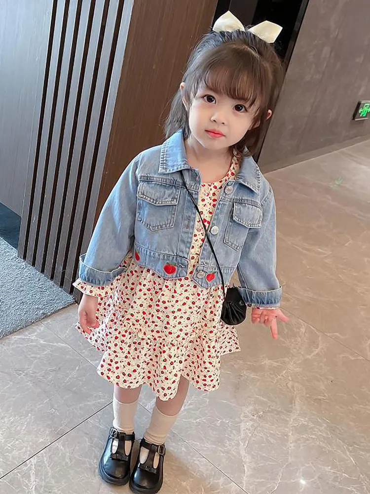 

Toddler Infant Girls Clothing Sets Classic Button Front Denim Jacket+Long Sleeve Floral Chiffon Dress 2Pcs Spring Autumn Outfits