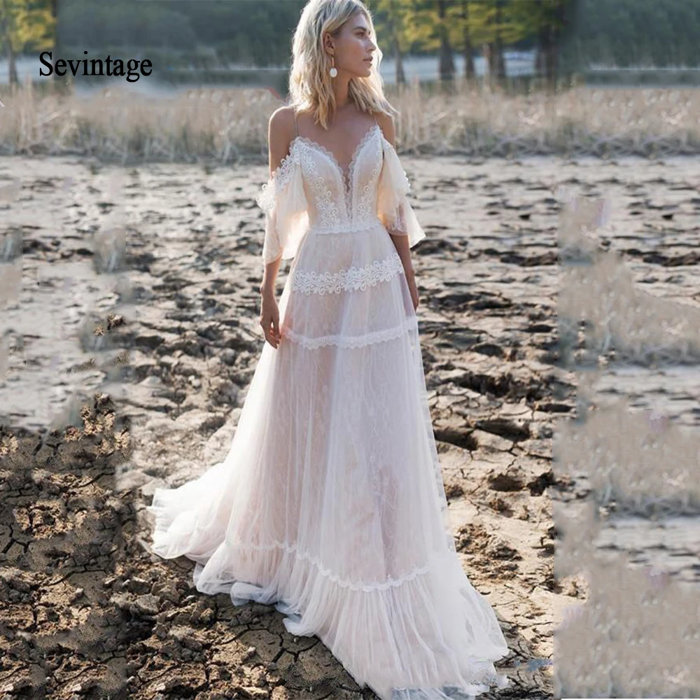 

Sevintage 2020 Beach A Line Off Shoulder Short Sleeve Wedding Dresses Lace Bohemian Bridal Gowns Criss Cross Straps gelinlik