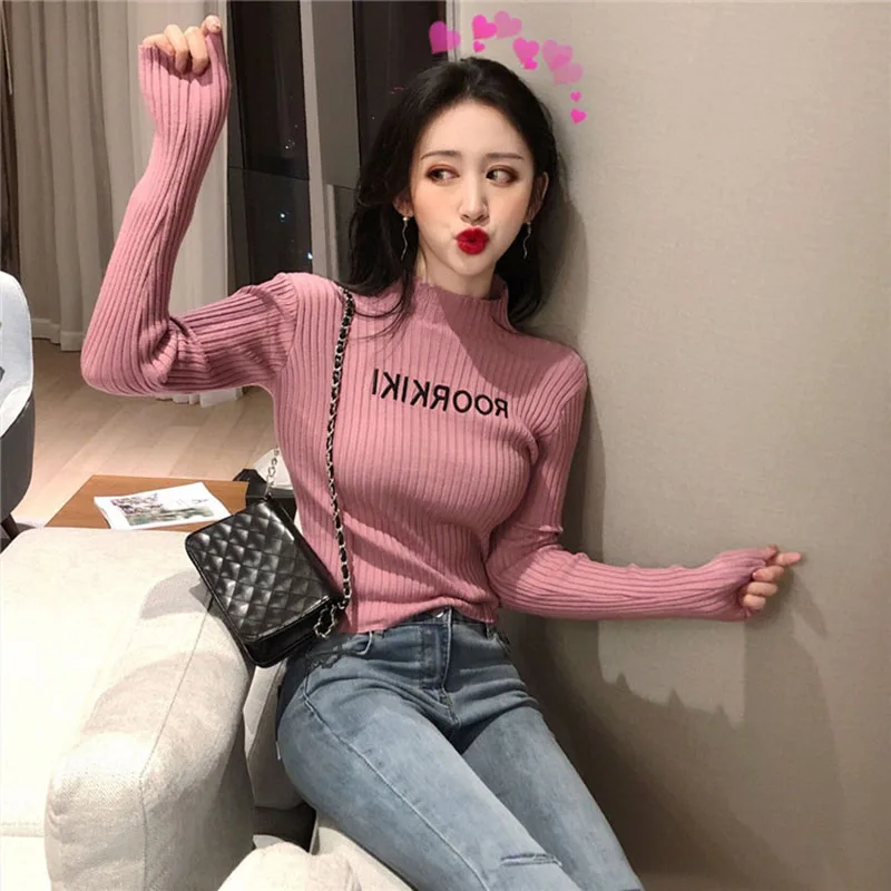 Вязаный свитер весна-осень женский новинка базовый эластичный с высоким