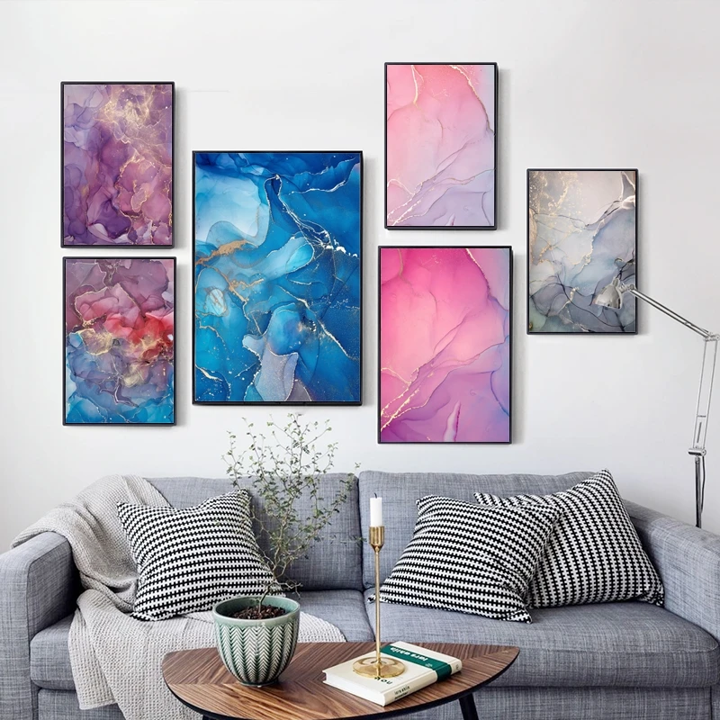 Красочный Абстрактный мраморный Золотой жидкий плакат премиум класса с