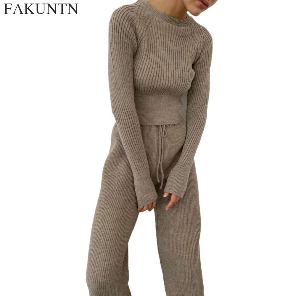 

FAKUNTN Knitted Women Suit Two Piece Set Women Outfits Solid Lounge Wear Slim Long Sleeve Top and Long Pants Winter Women Set