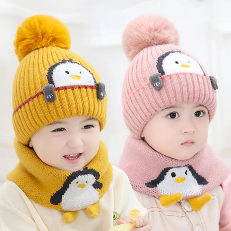 

1 To 4 Years Old Baby Kids Beanie Sets Cute Penguin 2 Pcs 2023 Boys Girls Winter Villus Hat Scarf Set Fashion Winter Warm Caps