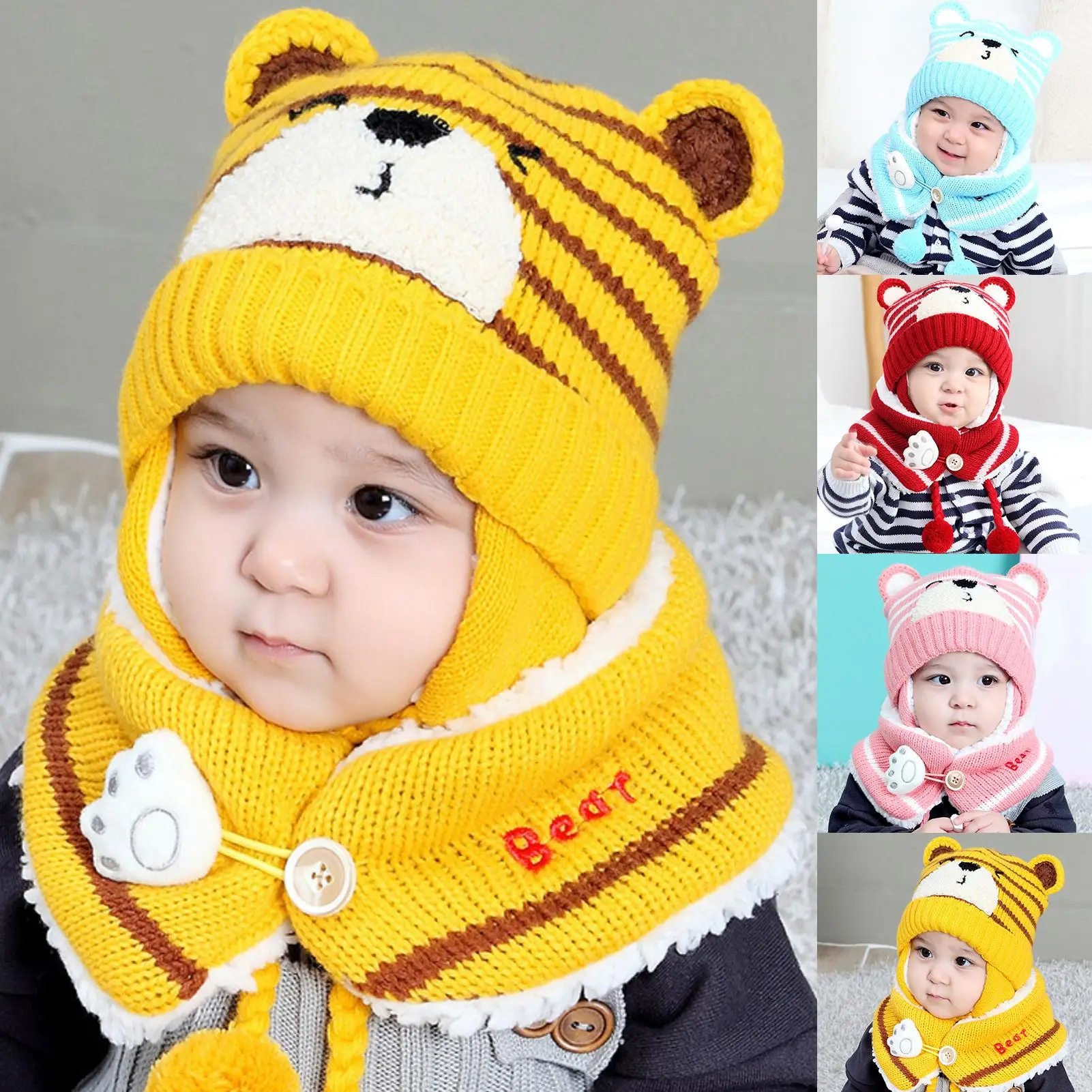 

6M-34M Unisex Winter Kids Baby Girls Boys Cartoon Bear Stripe Knit Hat Cap Woolen Yarn Scarf Earmuff Warm keep Set for outdoor