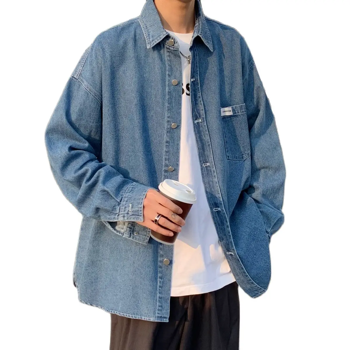 

Новинка Весна 2022 джинсовая рубашка в гонконгском стиле модная универсальная Верхняя одежда куртка для мужчин и женщин + однотонная кнопка д...