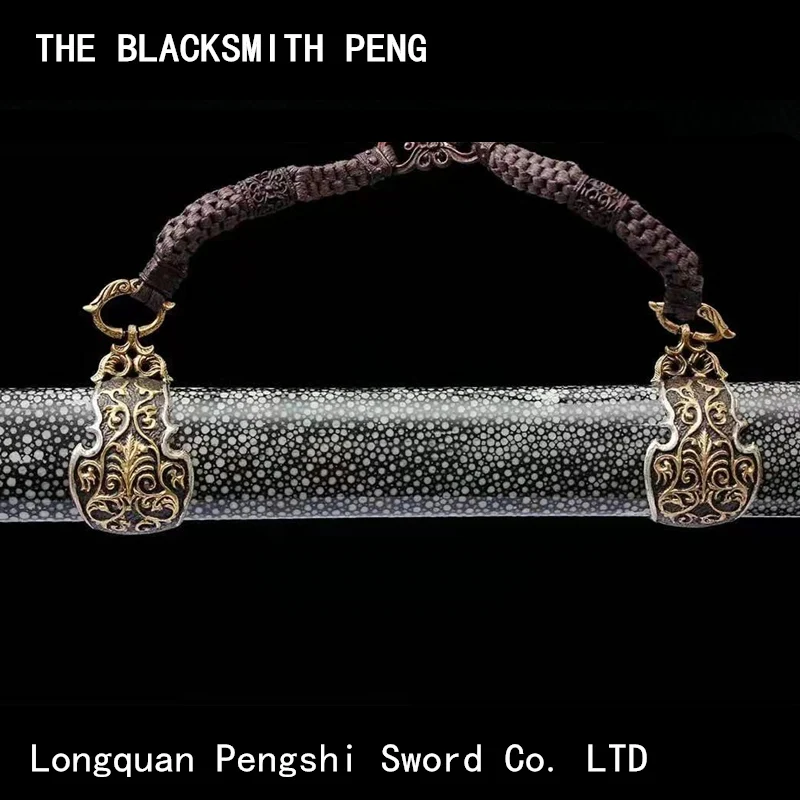 

Hand forged three pieces of laminated steel Tang sword/High-grade fish skin scabbard Brass engraving gold-plated silver fittings
