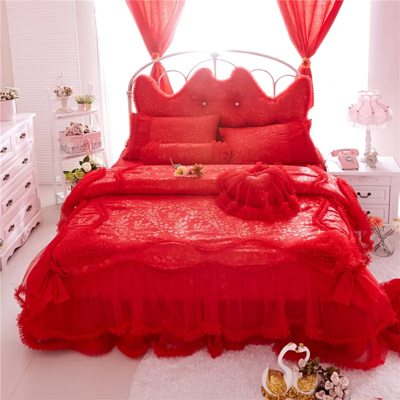 

4/7 Pcs King Queen Twin size Whte Lace Cotton Luxury Wedding Princess Bedding Set Bed skirt Duvet Cover set Soft Bedclothes