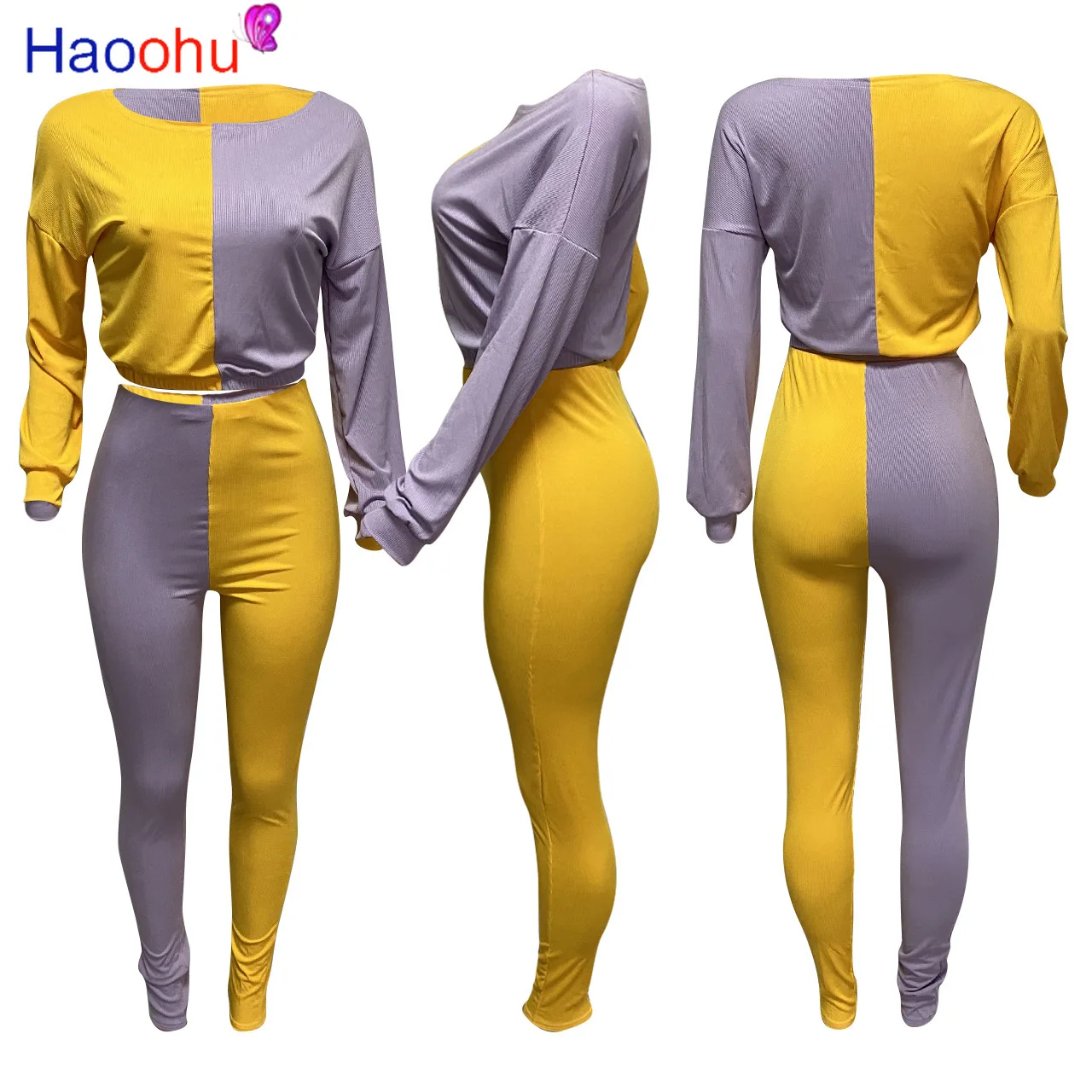 

HAOOHU Women Two Piece Sweatsuit color block Print Ribbed Long Sleeve Crop Top and Skinny Legging Activewear Workout Suit