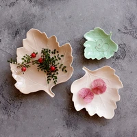 japanese style home decoration embossed leaf shaped ceramic plate porcelain trinket plate under glazed fruit tray dessert plate