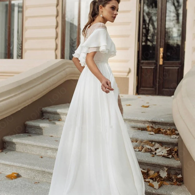 

Boho White Dot Wedding Dress Bohemian Simple Scoop Cap Sleeves Chiffon Polka Satin A-Line Summer Floor-length Bridal Gown Summer