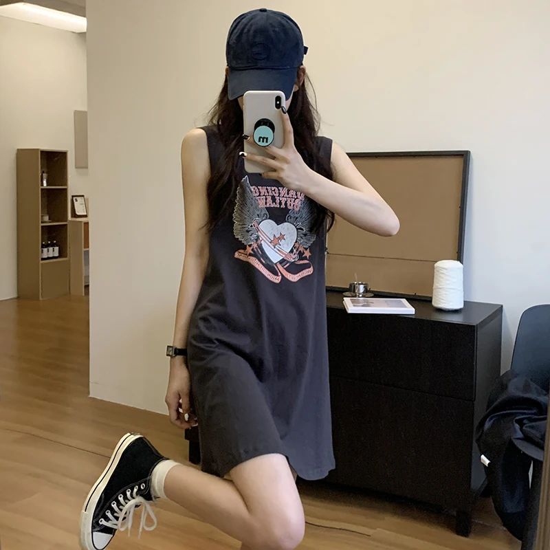 

Summer New Style Printed Dress Ladies Sleeveless Vest Long T-Shirt