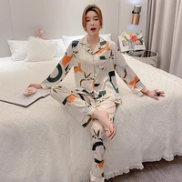 2021 new pajamas womens spring autumn ice silk long sleeve two piece thin sexy loose silk like home clothes pajamas for women