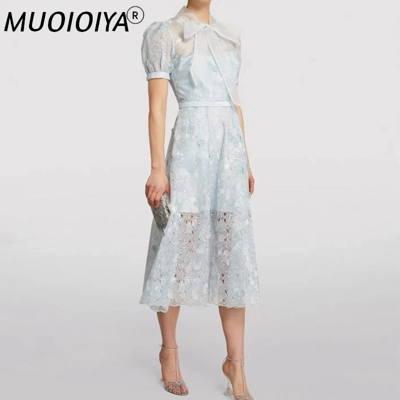 

2021 Summer Women Floral Midi Dress Lace V-Neck Bowknot Lantern Sleeve Ladies Elegant Slim Zipper Long Robe with Sashes