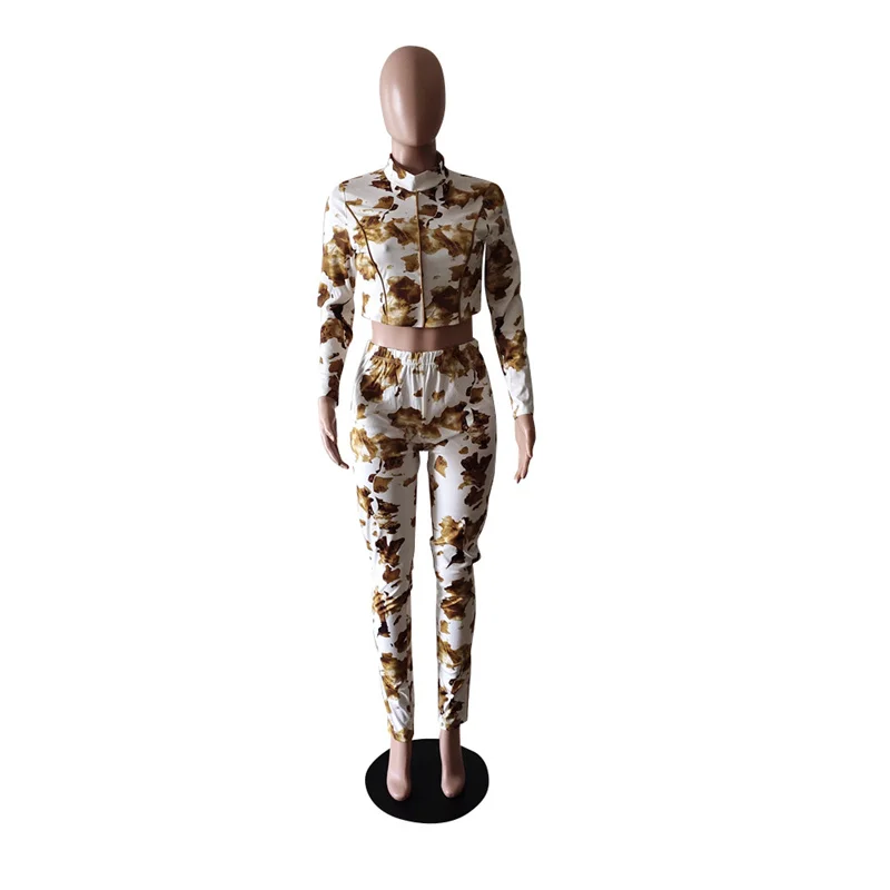 

Women's Tracksuit Two Piece Set Spring Autumn Clothes Print Crew Neck Full Sleeve Crop Top And Pants Leisure Suits Jogging Femme