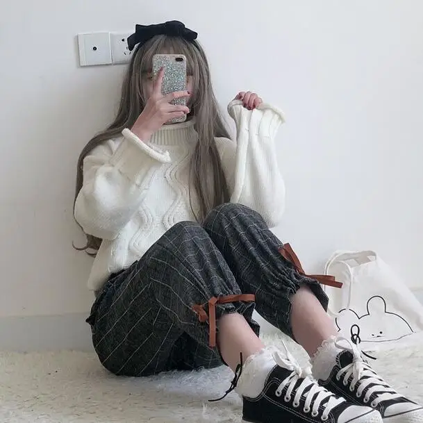 Япония стиль весна осень женские брюки эластичный пояс Мори девушка плед гарем