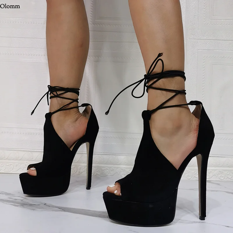 

Olomm Customization Women Platform Strappy Sandals Lace Up Stiletto Heel Open Toe Black Party Shoes Women US Plus Size 5-20