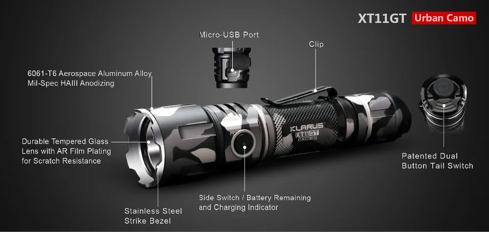 Klarus XT11GT светодиодный фонарик 2000 люменов CREE XPH35 HD E4 Тактический USB Перезаряжаемый фонарик с батареей 18650(городской камуфляж