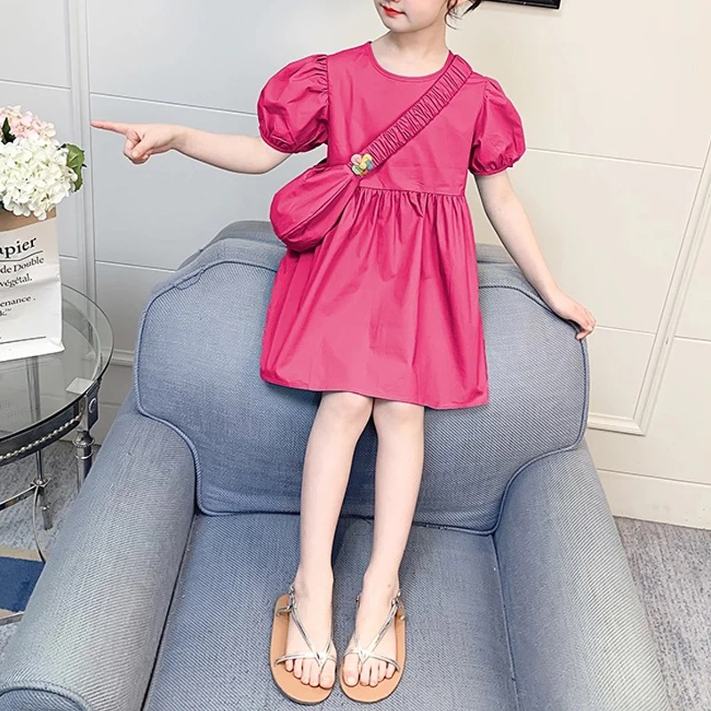 

EACHIN Girls Dresses with Bag Baby Kids Girl Fashion Puff Sleeve O Neck Ball Gown Dress Children's Party Dress