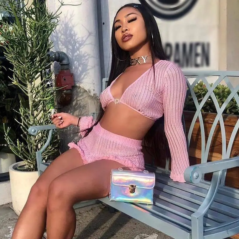 

Two Piece Women Boho Knitted Crop Top And High Waist Booty Shorts Set Streetwear Cute Ruffled Mesh Trim Pink Shorts Set