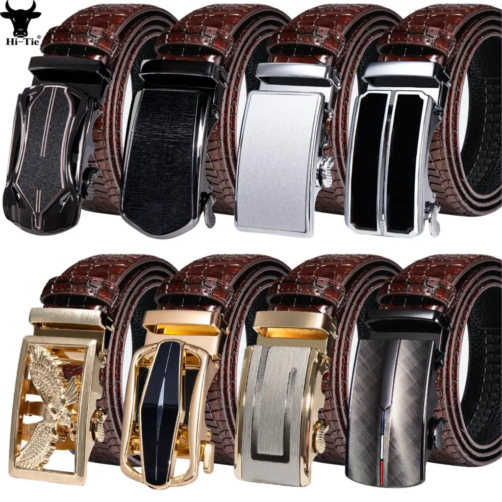 Hi-Tie Red Burgundy Maroon Leather Men's Belts Metal Automatic Buckle Ratchet Sliding Waist Straps Casual Leisure Wedding Gift