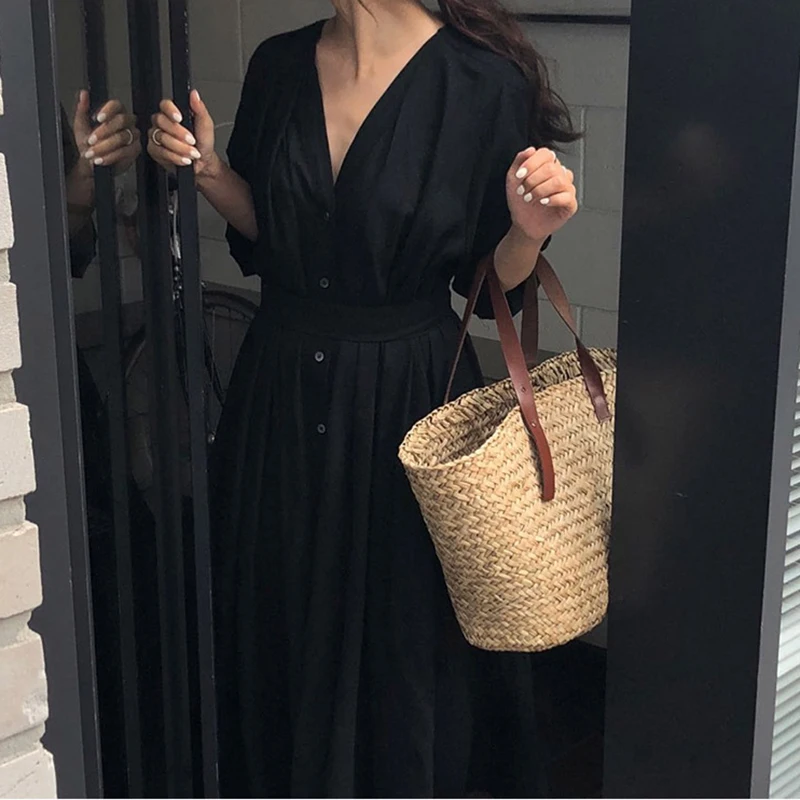 Black Корейское женское Повседневное платье, однотонное, длиной до лодыжки, Осенние вечерние платья, милая одежда, офисное женское свободное платье с поясом - Цвет: Black