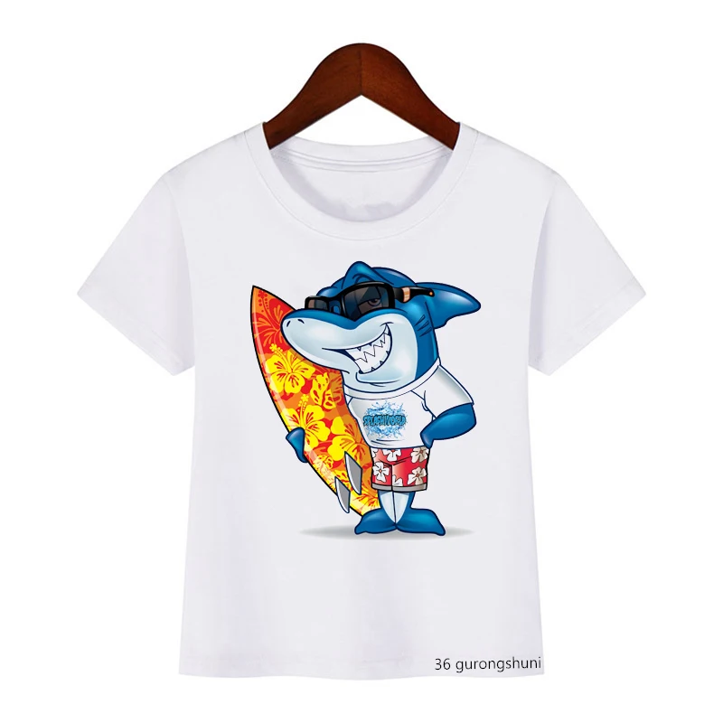 Новое поступление 2020 Детская футболка с серфингом и акулой забавная мультяшная