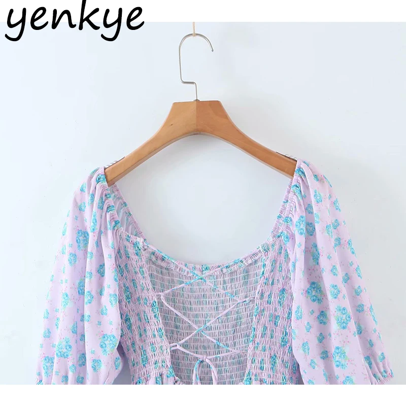 

YENKYE Blue Floral Sexy Backless Dress Women Square Neck Lantern Sleeve Elegant Ladies Holiday Party Dresses Summer Boho Vestido