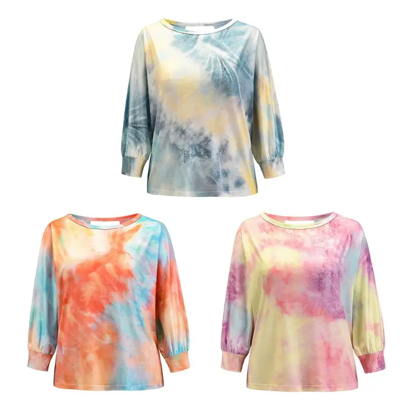 

Womens Long Sleeve Casual Loose Sweatshirt Gradient Tie-Dye Print Crew Neck Sexy Hollow Out Cross Backless Pullover Tops Street