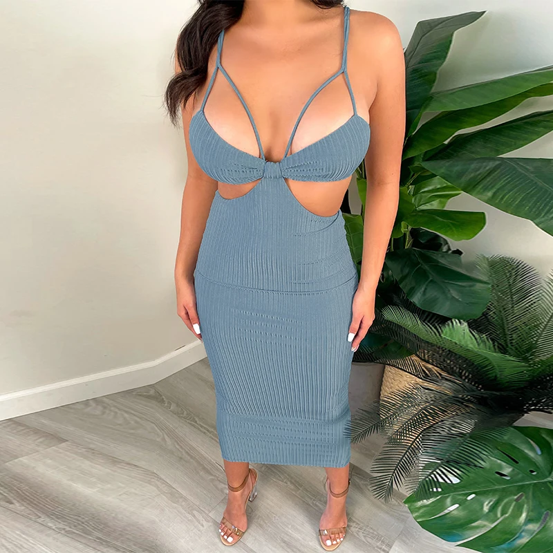 

Womens Summer Sexy Suspender Dress Fashion Spaghetti Strap Solid Color Hollow Skinny Split Long Dress