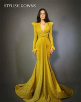 elegant gold v neck evening dresses pleats party gown long sleeve mermaid prom dress vestidos de fiesta de noche largos