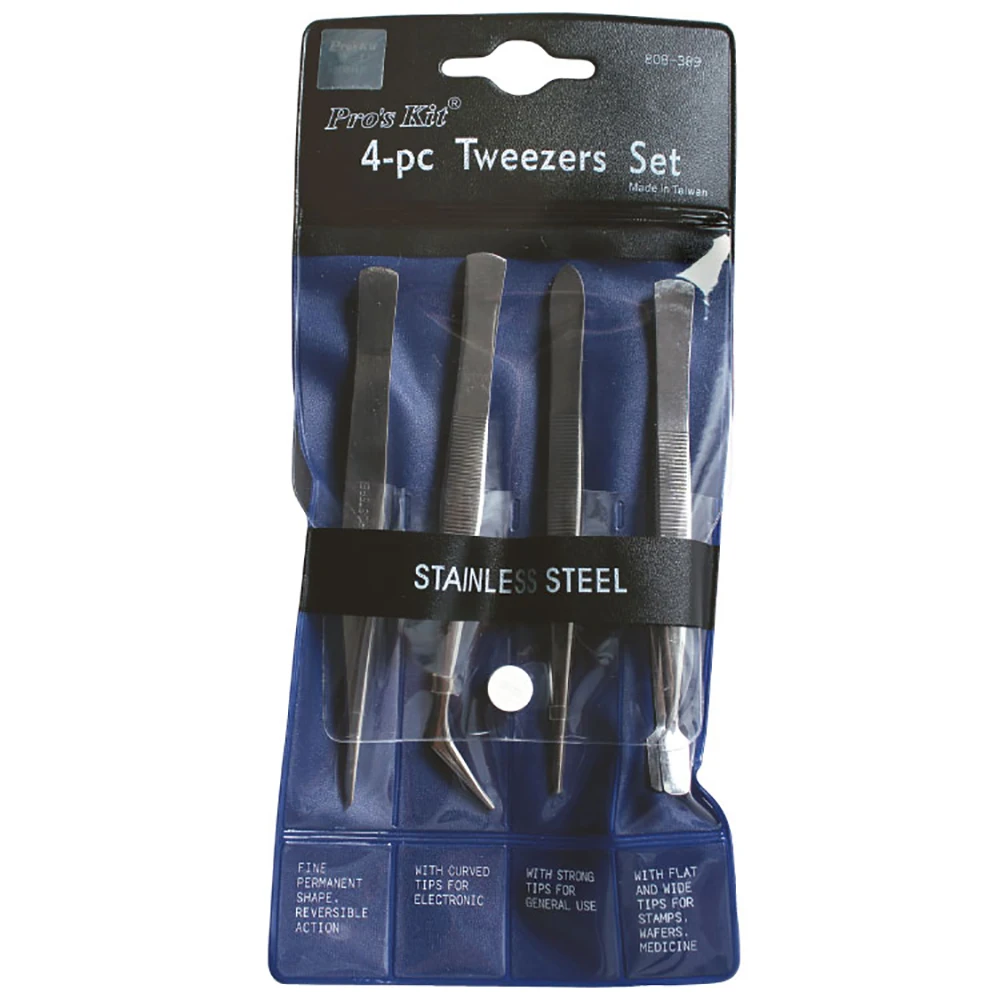Набор пинцетов Pro'skit 4 из нержавеющей стали 808-389 заостренный плоский острый