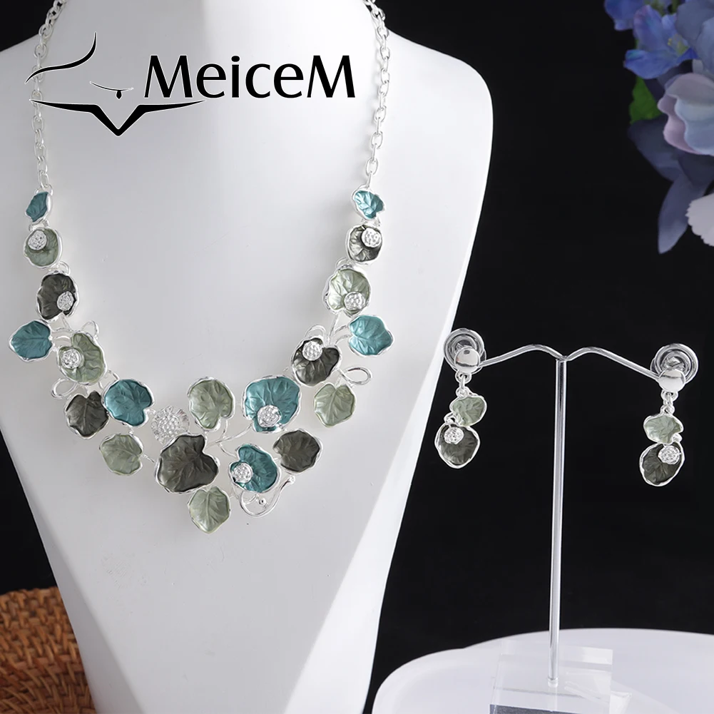 

MeiceM Fashion Boho Jewelry Sets For Women Artifical Leaf Enamel Necklace Earrings Sets Statement Leaves Necklace Jewellery Set