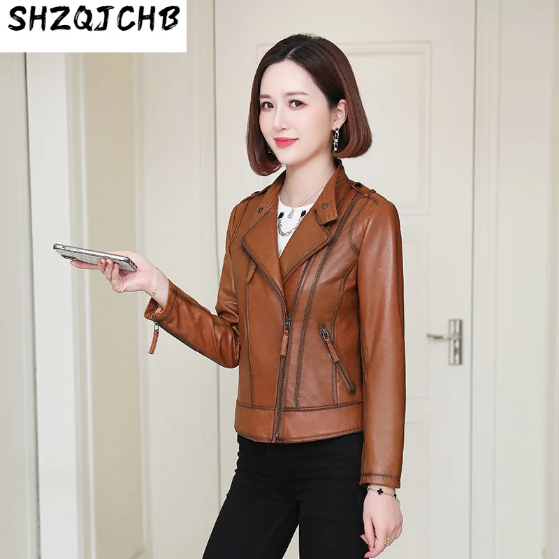 

Женское Короткое облегающее пальто SHZQ из овечьей кожи, новинка осень-зима 2021, женское маленькое кожаное пальто из овечьей кожи