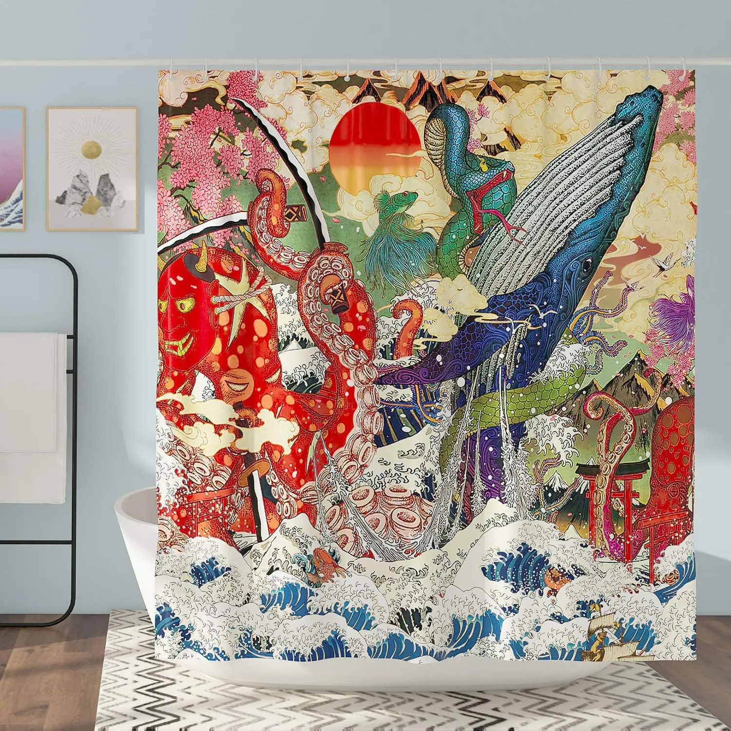 

Cool Japanese Funny Anime Octopus Shower Curtain Asian Wave Ocean Theme