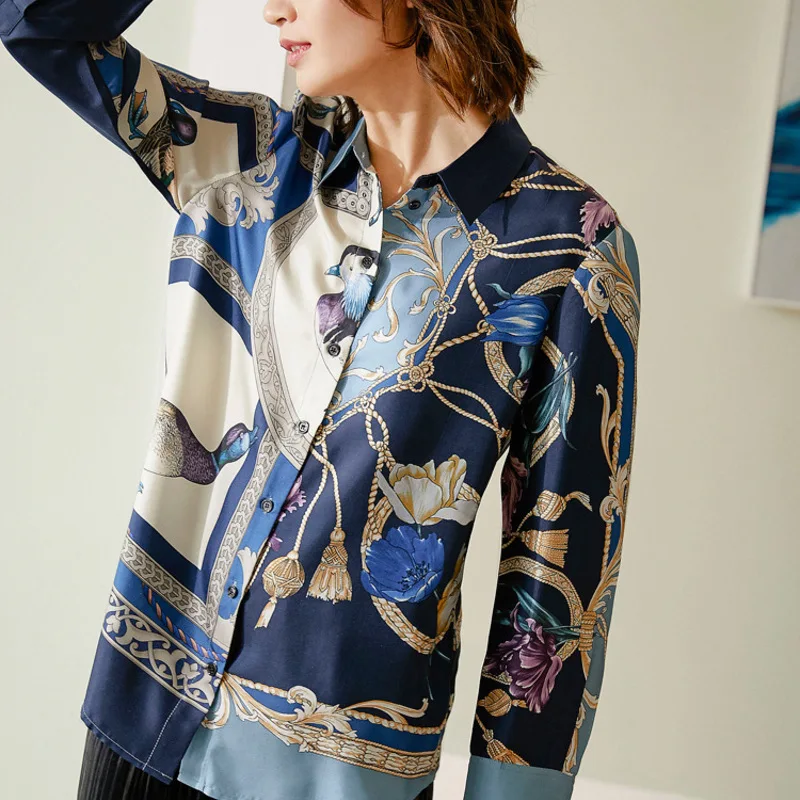 New  Chinese women s silk blouse autumn new printing mulberry silk shirt loose long sleeved shirt