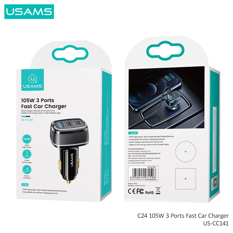 Автомобильное зарядное устройство USAMS с 3 USB-портами и поддержкой быстрой зарядки