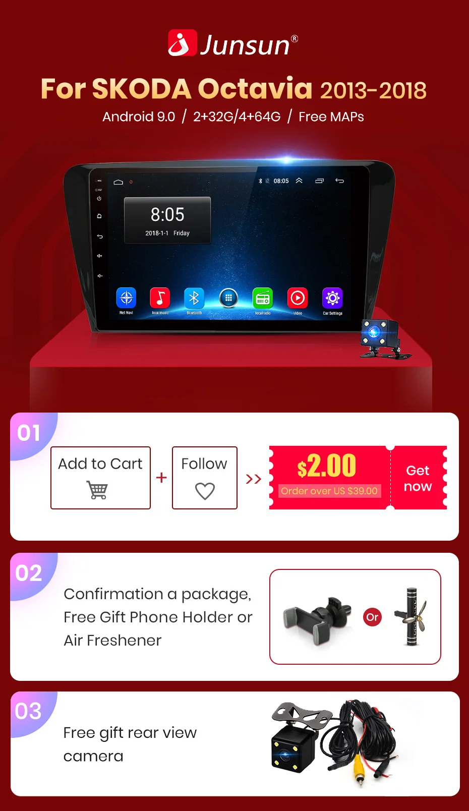 Junsun V1 2G+ 32G Android 9,0 для SKODA Octavia 2013- A7 автомобильный Радио Мультимедиа Видео плеер gps RDS 2 din dvd