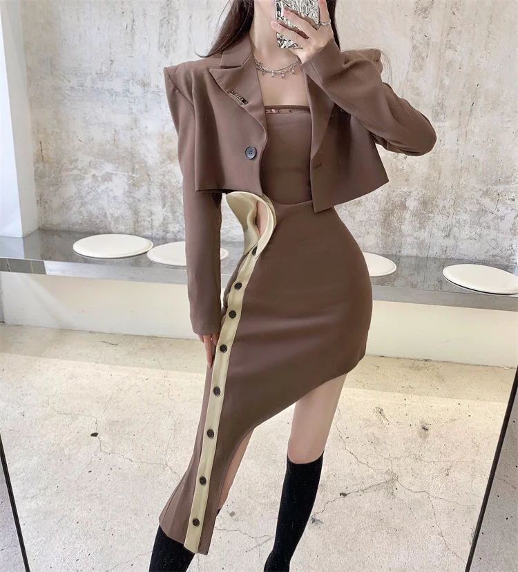 Hot Girl Suit Goddess Temperament Niche Irregular Design Coffee Color Tube Top Dress Short Autumn Coat | Женская одежда