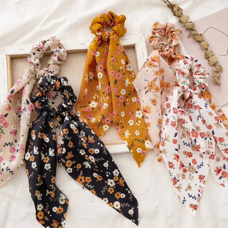 

2020 new Fashion Floral Print Scrunchie Hair Band For Women Elastic Dot Hair Scarf Bow Rubber Ropes Girls Hair Ties Hair Jewelry