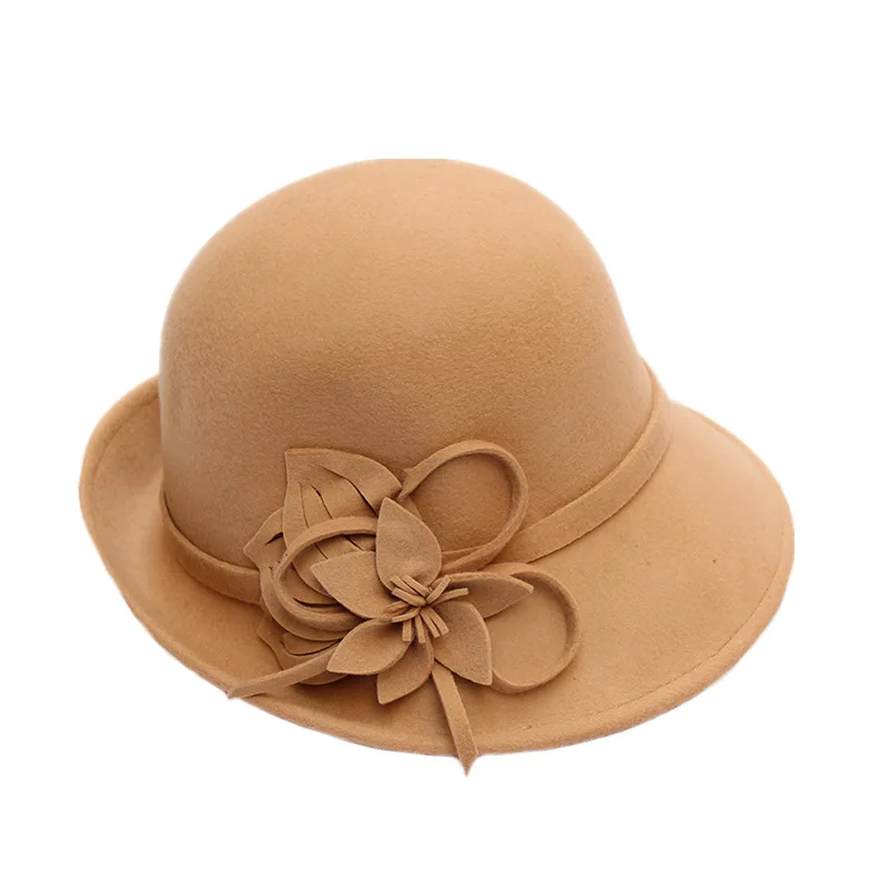 

Autumn Winter New Women High-End Banquet Top Hat Elegant Flowers Bucket Hat Fur Felt Hat Half Roll Woolen Hat