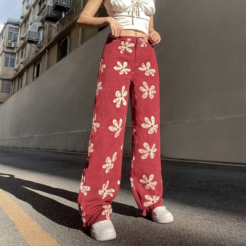 

WeiYao Cotton Floral Printed Aesthetic Y2K Mom Jeans Baggy Denim Streetwear Cargo Pants Red 2000S Harajuku Jeans High Waist