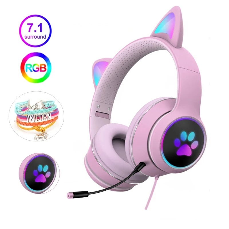 

Cat Ear Girls Gamer Headset With Microphone Noise Cancelling Headphones RGB Light 7.1 Stereo Headphones Cute Helmet Auriculares