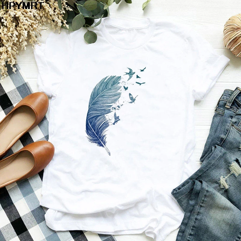 

Summer Fashion Women's T-shirt Aesthetic feathers White Hipster Short-sleeved T shirt Female Harajuku Top 90s Woman Clothing