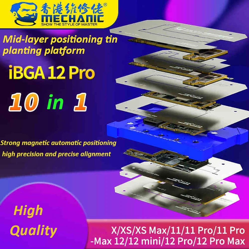 

Mechanic iBGA 10 в 1 BGA трафаретная платформа для iPhone X-12 pro max материнская плата средний слой Оловянная Сетка шаблон крепление