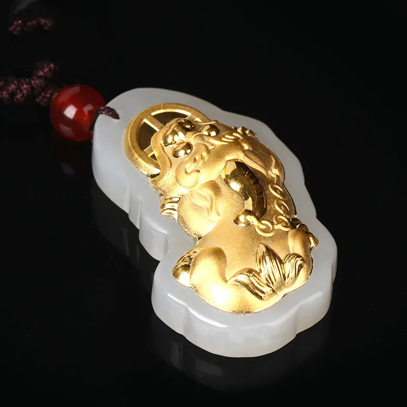 Натуральный китайский сорта хотанской (Hetian) белого нефрита сусальным золотом