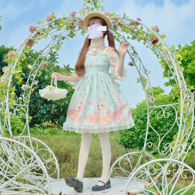

Kawaii Japanese soft sister Lolita daily dress jsk strap dress female cute rabbit rose Lolita dress cute