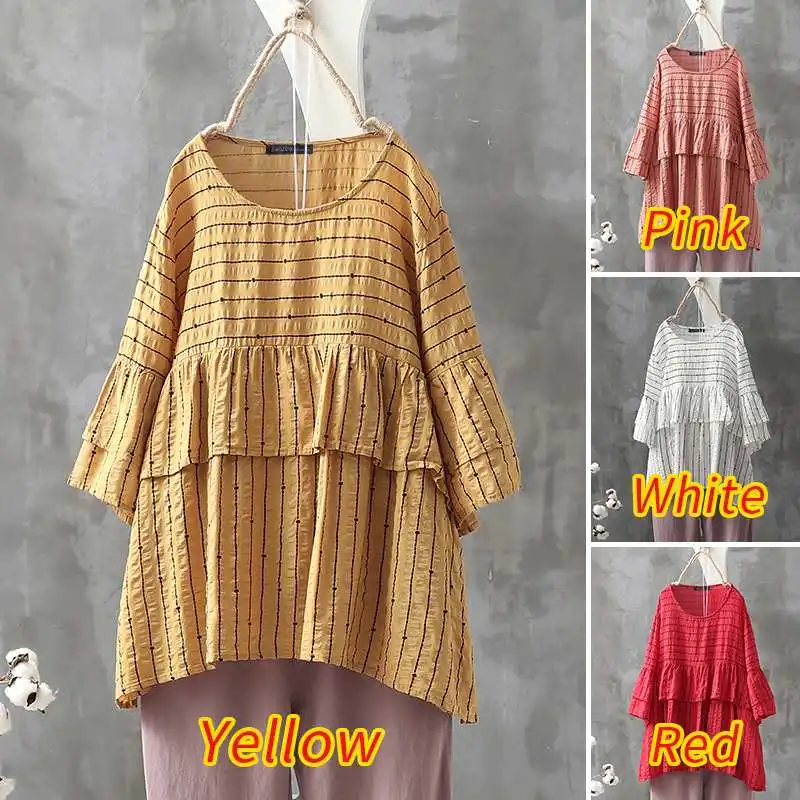 

Elegant Casual 3/4 Sleeve Blusas Women's Summer Ruffle Blouse ZANZEA 2021 Striped Shirts Female O Neck Tunic Plus Size Tops 5XL