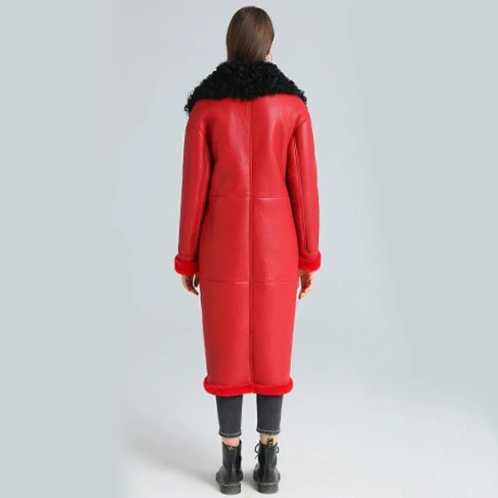 Red Extra Long Real Sheepskin Shearling Fur Coat Women Fashion Winter Thicken Warm Natural Fur Clothing