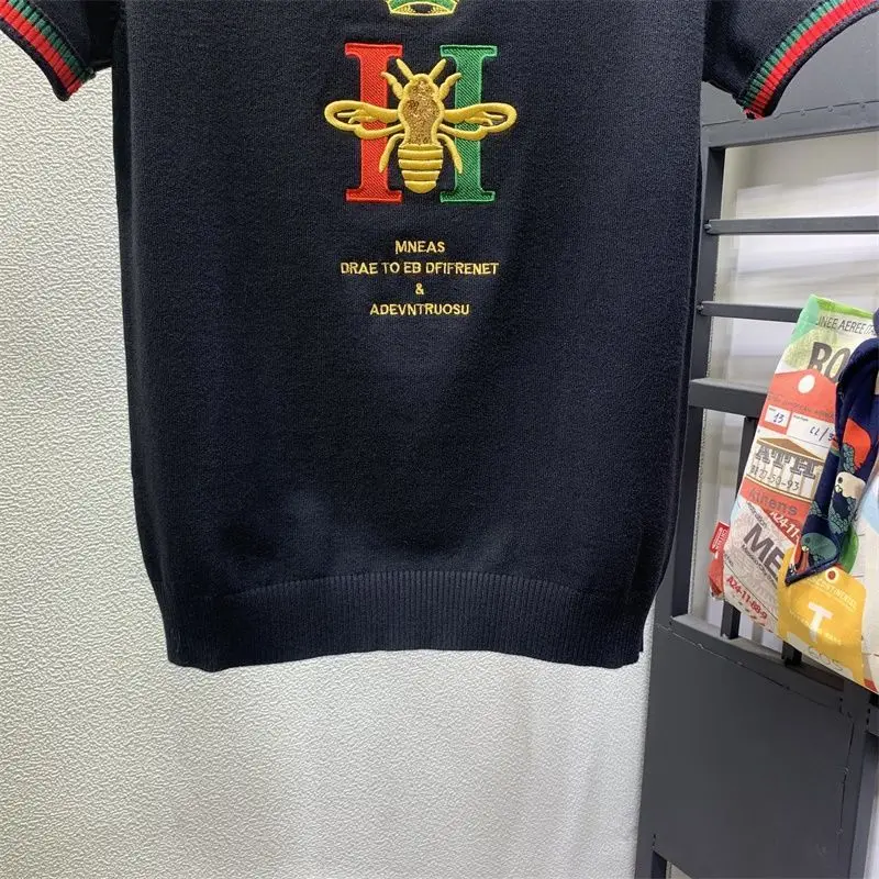 

Spring and summer men's large size knitwear thin embroidered Korean round neck base shirt short sleeve sweater slim fashion