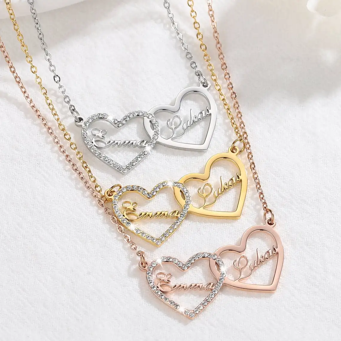 

Personalized Custom Double Name Heart Necklace Iced Out Choker Custom Crystal Name Pendant Chain Jewelry for Women Birthday Gift